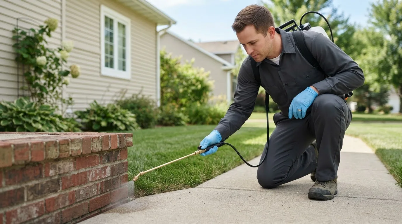 Pest control technician treating a home near Cleveland, ND