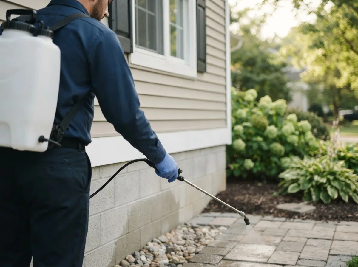 Pest control technician inspecting a home in Cleveland, ND